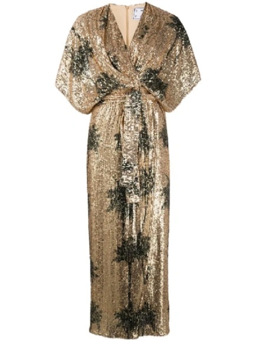 ITMFL NWT Gold Sequin Gown Maxi Dress with Palm Print
